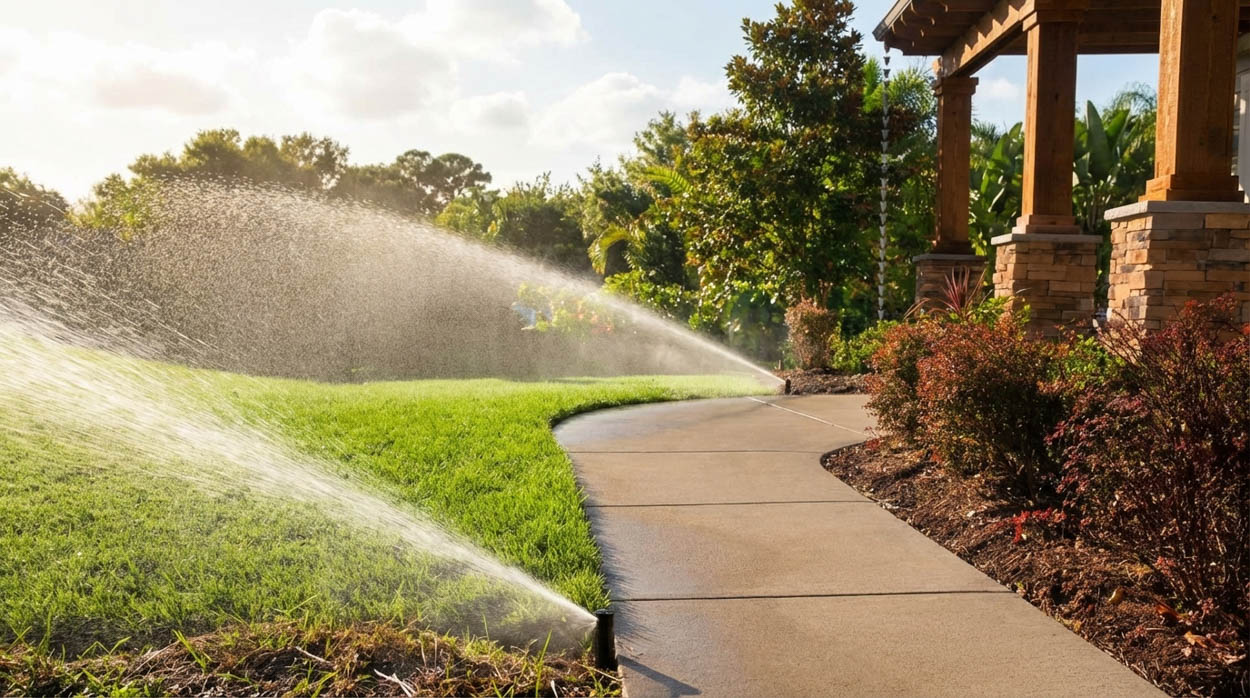Lawn sprinklers running along a curved concrete walkway beside planted beds.